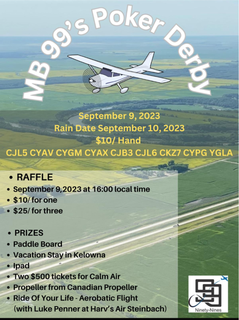 Fly from airport to airport collecting cards and meet back at Lyncrest Airport to rank your hands!
Winners get to select one of our amazing prizes, including a horseback riding lesson, tickets to the Royal Aviation Museum, and many more prizes!
All proceeds go towards the MB99s scholarship fund and are matched by the Winnipeg Foundation.
Date: Saturday, September 9, 2023
Rain Date: Sunday, September 10, 2023